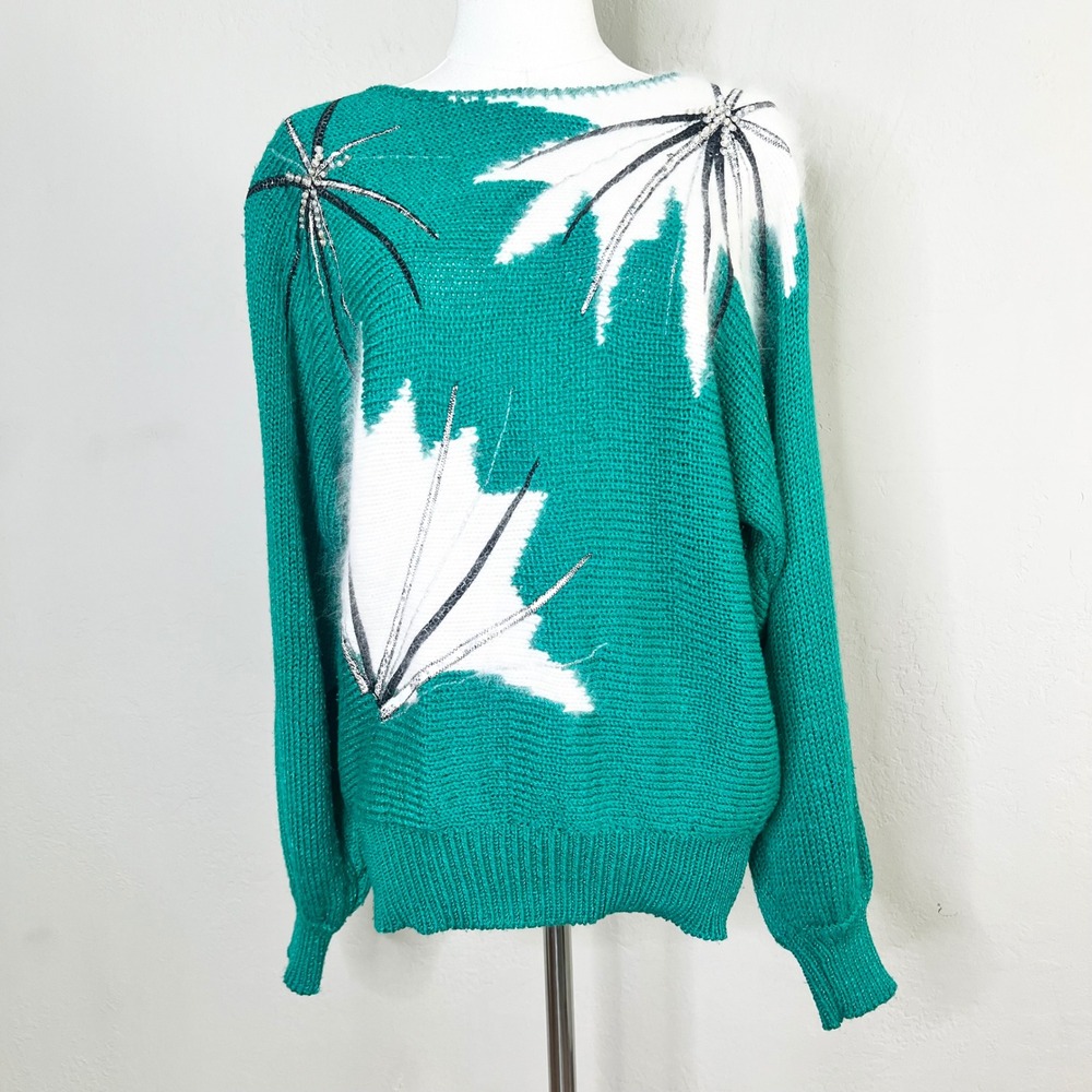 Angenie‎ Vintage 80s Teal Angora Wool Blend Rhinestone Starburst Sweater Small